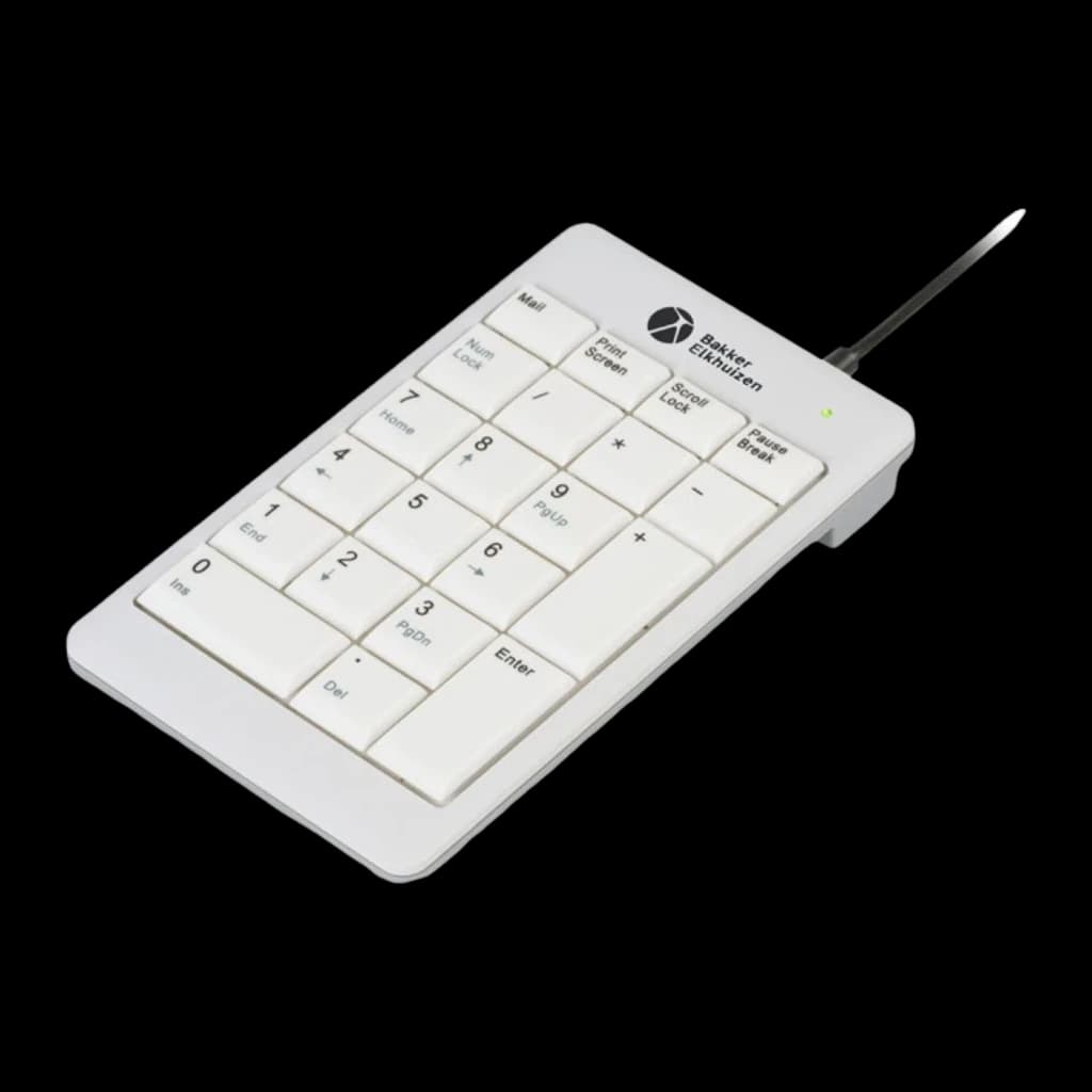 BakkerElkhuizen UltraBoard 955 V2 Numeric USB cinza, vista em ângulo: perfil lateral, LED verde aceso e cabo USB