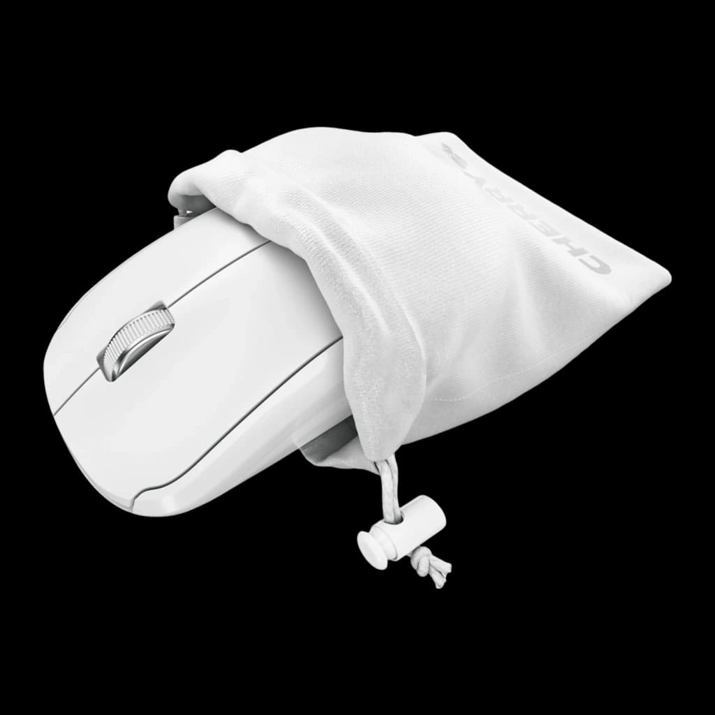 Cherry Ratón inalámbrico MW 2200 Blanco, kit: ratón parcialmente cubierto por bolsa de tela blanca con cordón