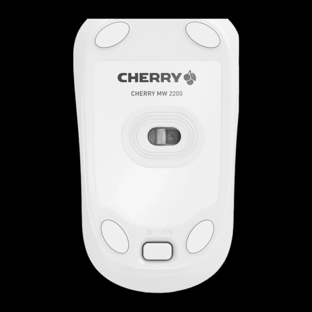 Cherry Ratón inalámbrico MW 2200 Blanco, vista inferior: sensor óptico, logo y botón de conexión visibles