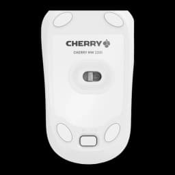 Cherry Ratón inalámbrico MW 2200 Blanco, vista inferior: sensor óptico, logo y botón de conexión visibles