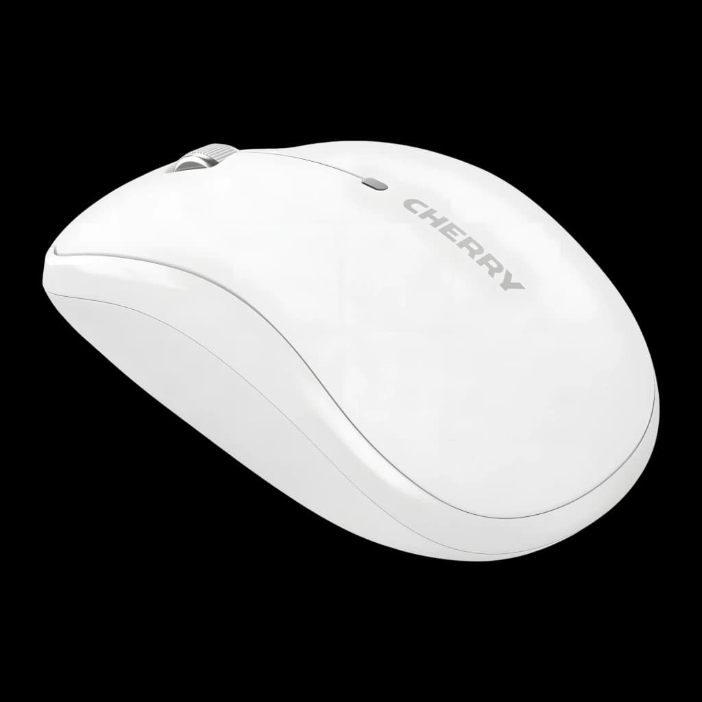 Cherry MW 2200 Blanco, vista lateral en ángulo: perfil superior con rueda plateada y logo CHERRY en gris