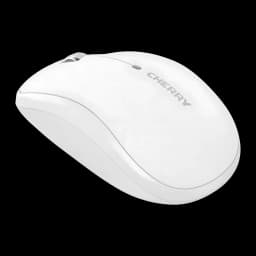Cherry MW 2200 Blanco, vista lateral en ángulo: perfil superior con rueda plateada y logo CHERRY en gris
