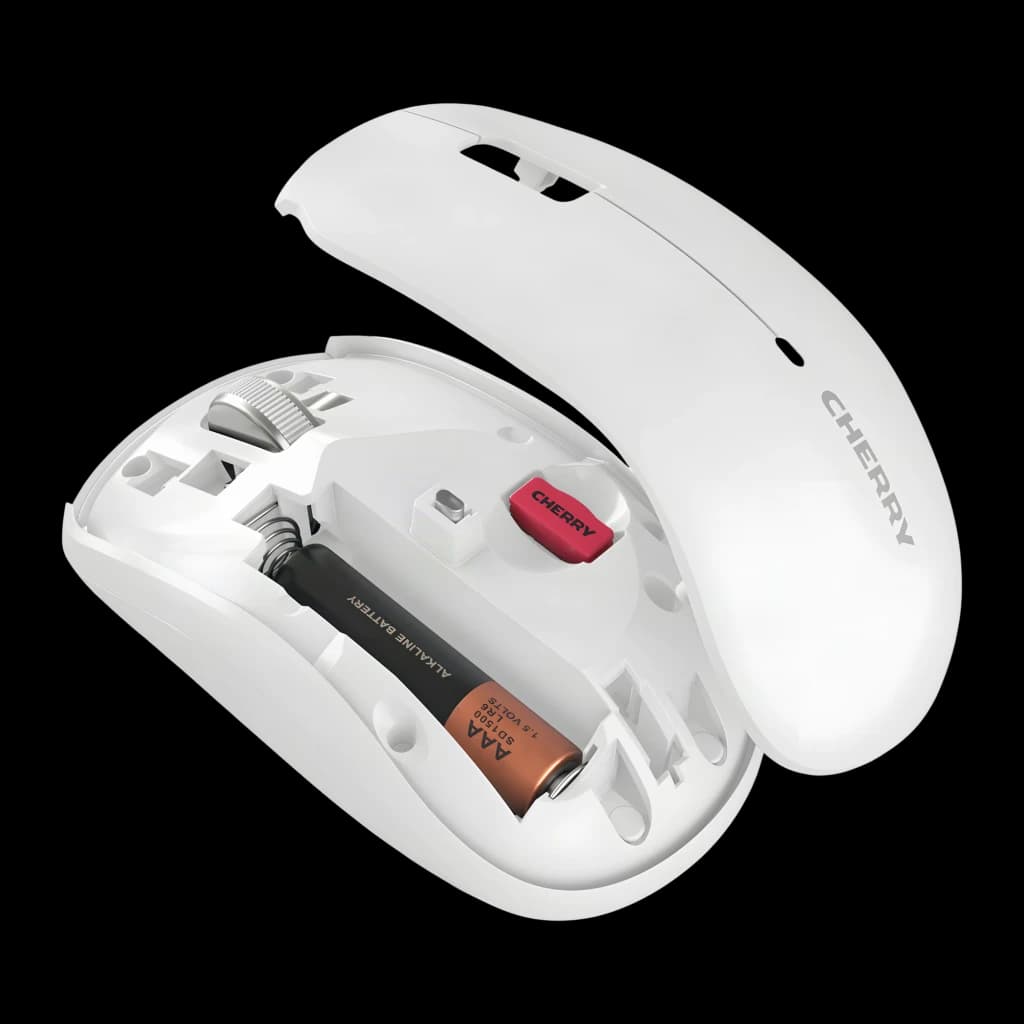 Cherry Ratón inalámbrico MW 2200 Blanco, interior abierto: compartimento de batería AAA, receptor USB rojo y tapa separada