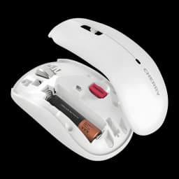 Cherry Ratón inalámbrico MW 2200 Blanco, interior abierto: compartimento de batería AAA, receptor USB rojo y tapa separada