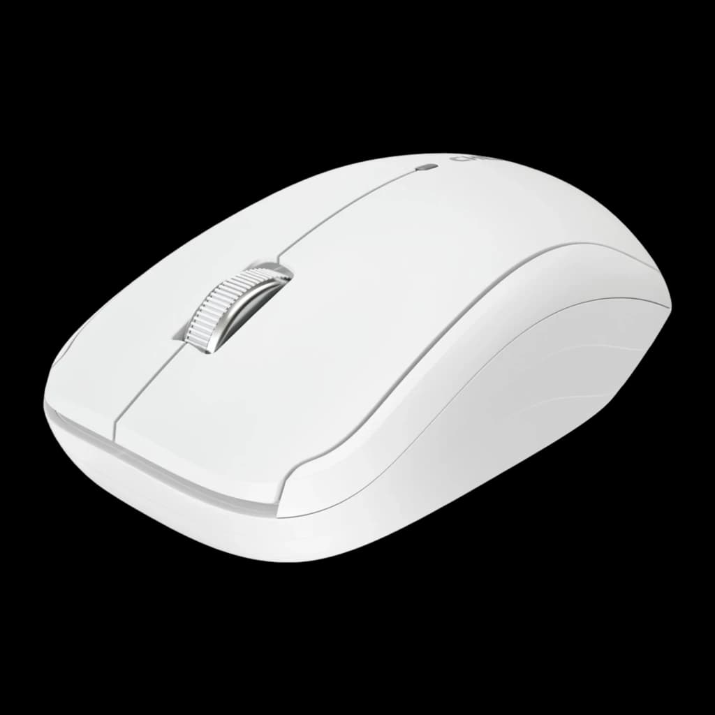 Cherry Ratón inalámbrico MW 2200 Blanco, vista lateral: perfil en ángulo con rueda plateada y logo Cherry