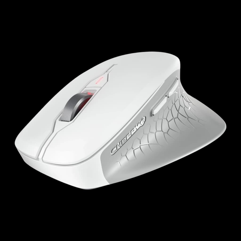 CHERRY Ratón Stream Comfort Wireless blanco, vista lateral 3/4: rueda plateada, luz roja DPI y textura geométrica