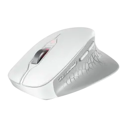 CHERRY Ratón Stream Comfort Wireless blanco, vista lateral 3/4: rueda plateada, luz roja DPI y textura geométrica