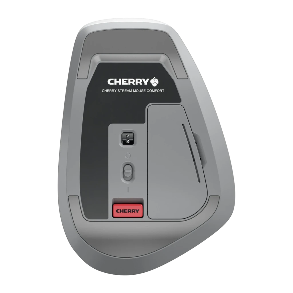 CHERRY Souris Stream Comfort Wireless blanc, vue latérale 3/4: molette argentée, voyant DPI rouge et texture géométrique - Ítem1