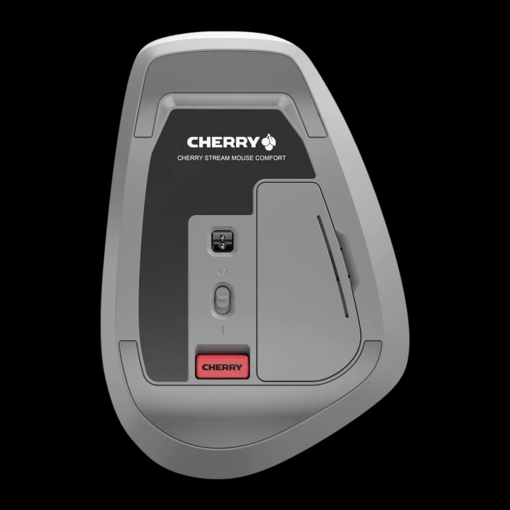 CHERRY Ratón Stream Comfort Wireless blanco, vista inferior: sensor óptico, interruptor de encendido, logo y compartimento