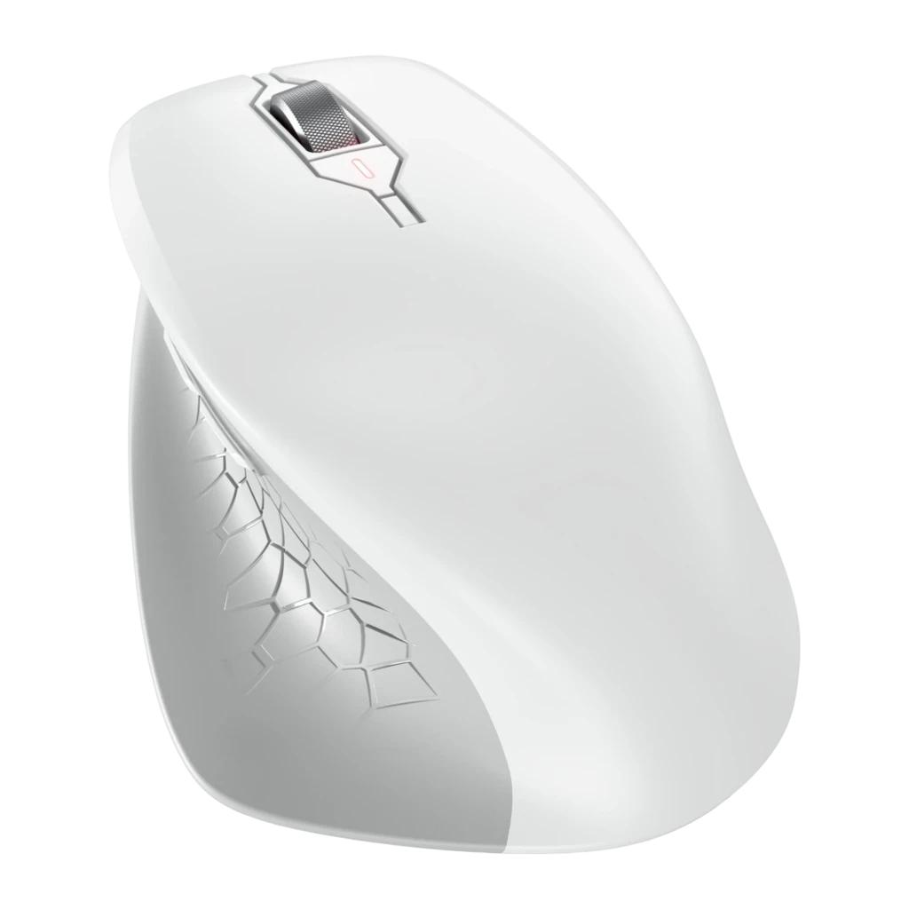 CHERRY Souris Stream Comfort Wireless blanc, vue latérale 3/4: molette argentée, voyant DPI rouge et texture géométrique - Ítem2