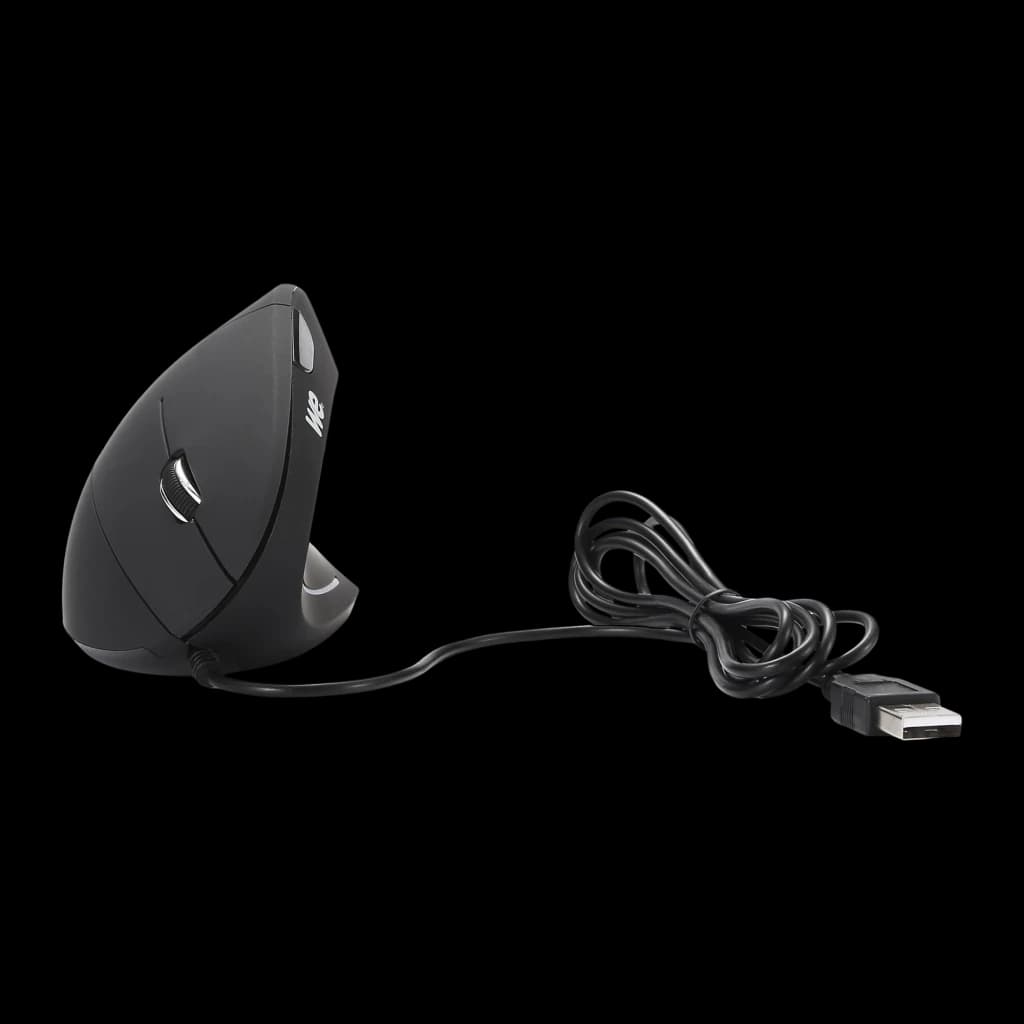 Ewent Souris verticale ergonomique EW3157 1800 DPI noir, vue latérale: molette, boutons et câble USB enroulé