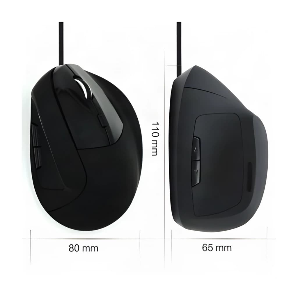 Ewent Souris verticale ergonomique EW3157 1800 DPI noir, vues dessus et côté avec dimensions: 110x80x65 mm