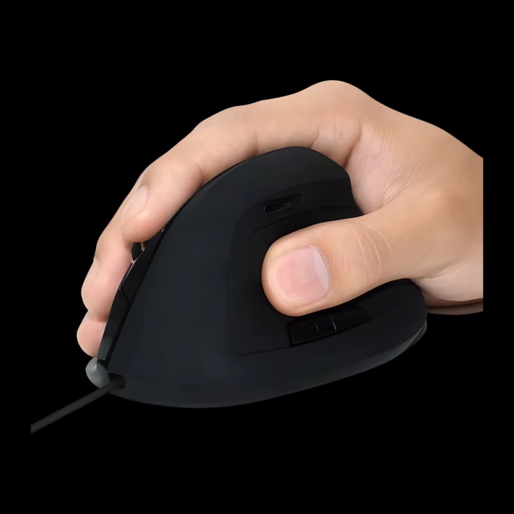 Ewent Souris verticale ergonomique EW3157 1800 DPI noir, en main: prise latérale droite avec câble visible et boutons