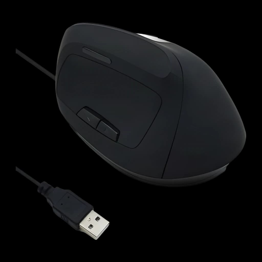 Ewent Souris verticale ergonomique EW3157 1800 DPI noir, vue dessus: boutons latéraux, molette et connecteur USB-A visible