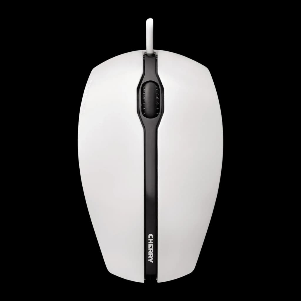 Cherry Ratón Gentix blanco, vista superior: cuerpo blanco con franja central negra, rueda de scroll y logo CHERRY