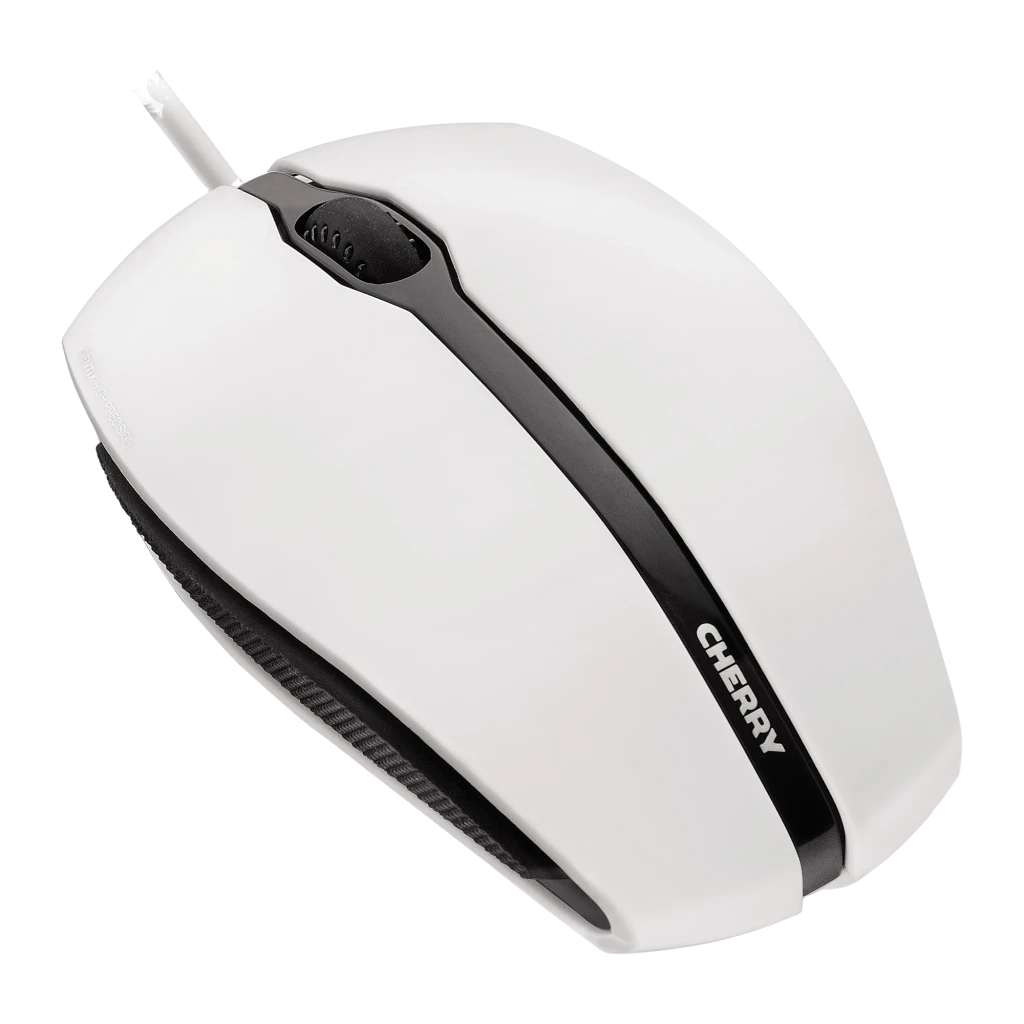 Cherry Ratón Gentix blanco, vista superior: cuerpo blanco con franja central negra, rueda de scroll y logo CHERRY - Ítem1