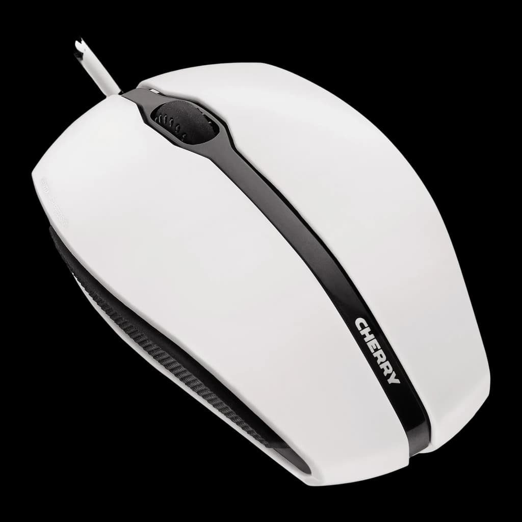 Cherry Ratón Gentix blanco, vista en perspectiva: ángulo lateral-superior que muestra el perfil ergonómico y grip