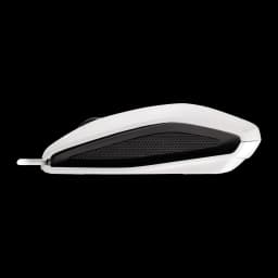 Cherry Ratón Gentix blanco, vista lateral: perfil completo con zona de agarre texturizada negra y cable blanco visible