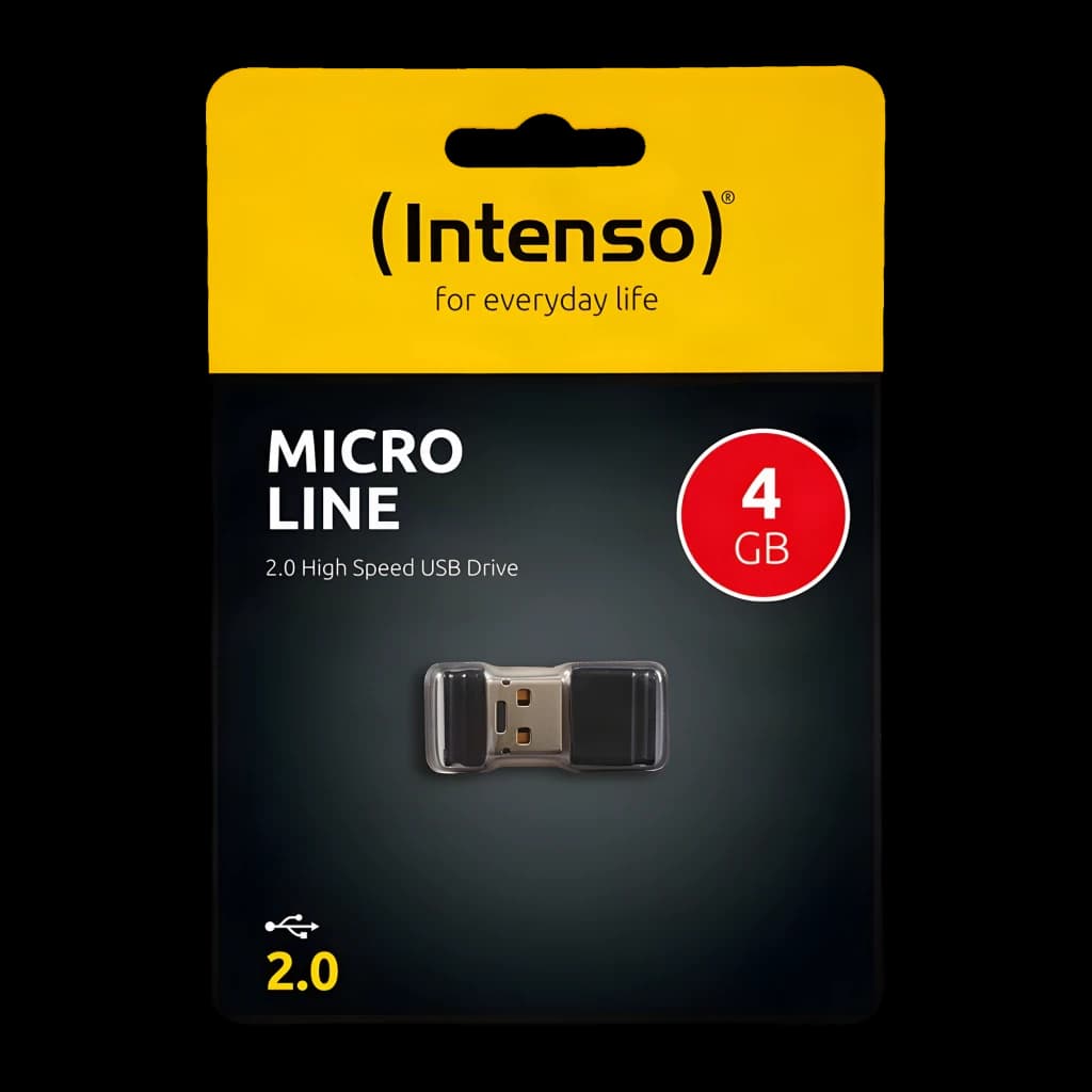Intenso Micro Line 4GB noir, emballage face avant: blister noir et jaune avec connecteur USB visible