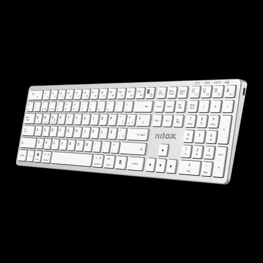 Nilox Teclado Pro Wireless Silver Español Blanco, vista en ángulo frontal izquierdo: teclas de función con iconos azules