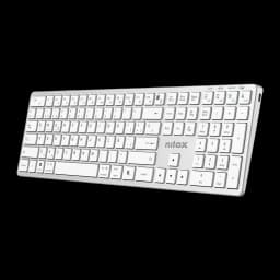 Nilox Teclado Pro Wireless Silver Español Blanco, vista en ángulo frontal izquierdo: teclas de función con iconos azules