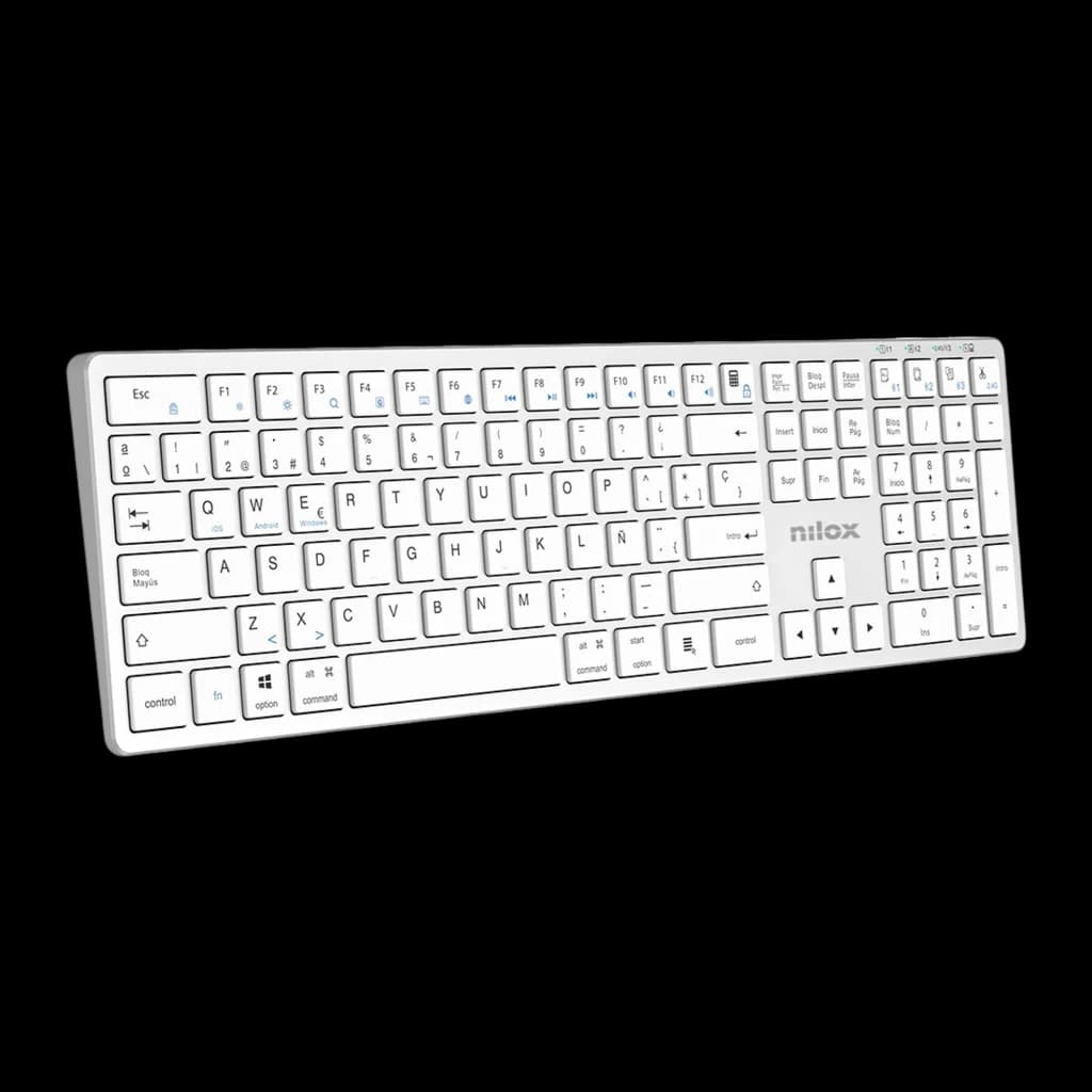 Nilox Teclado Pro Wireless Silver Español Blanco, vista en ángulo frontal derecho: distribución española con tecla Ñ y canto