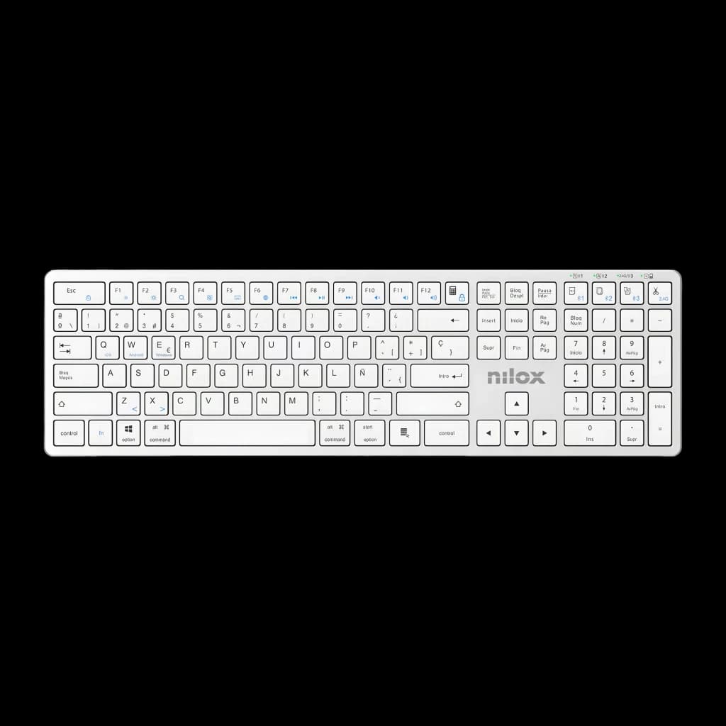 Nilox Teclado Pro Wireless Silver Español Blanco, vista superior: teclado completo con teclas blancas, marco plateado