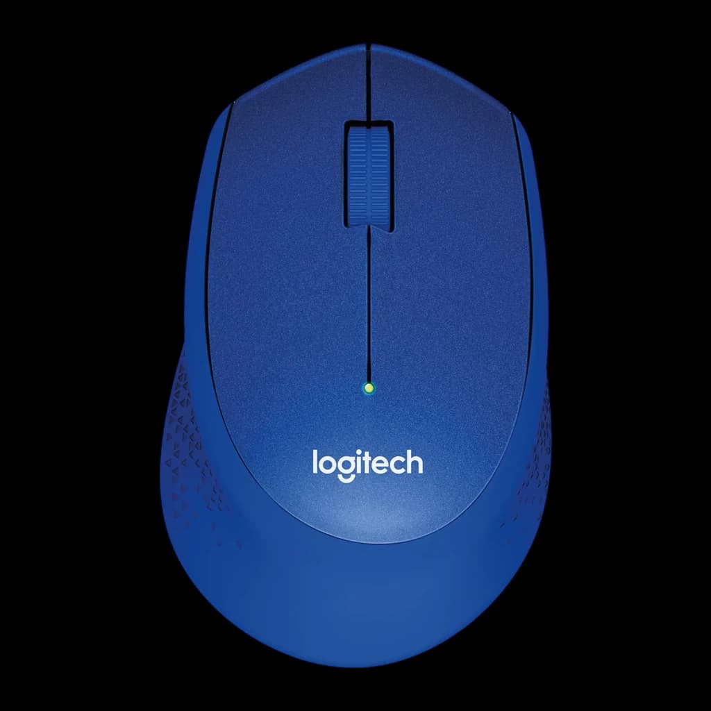 Logitech Souris M330 Silent Plus Bleu, vue du dessus avec éclairage chaud: molette centrale, LED verte et logo Logitech