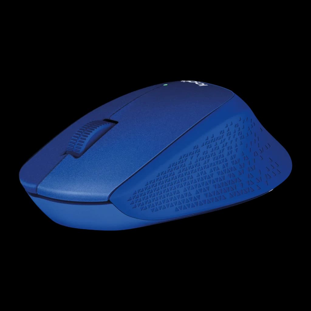 Logitech Souris M330 Silent Plus Bleu, vue latérale gauche: molette striée et texture triangulaire sur le côté