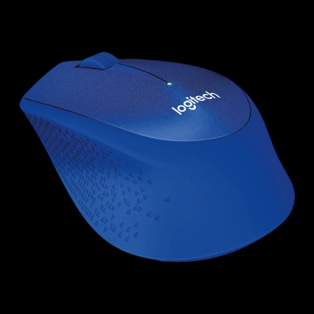 Logitech Souris M330 Silent Plus Bleu, vue latérale droite: corps bleu avec texture géométrique, molette et LED verte