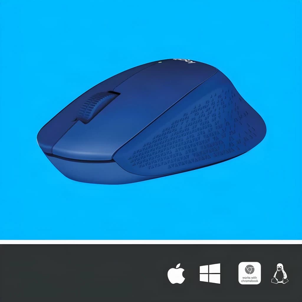 Logitech Souris M330 Silent Plus Bleu, vue latérale: texture triangulaire sur la zone de préhension et compatibilité Mac