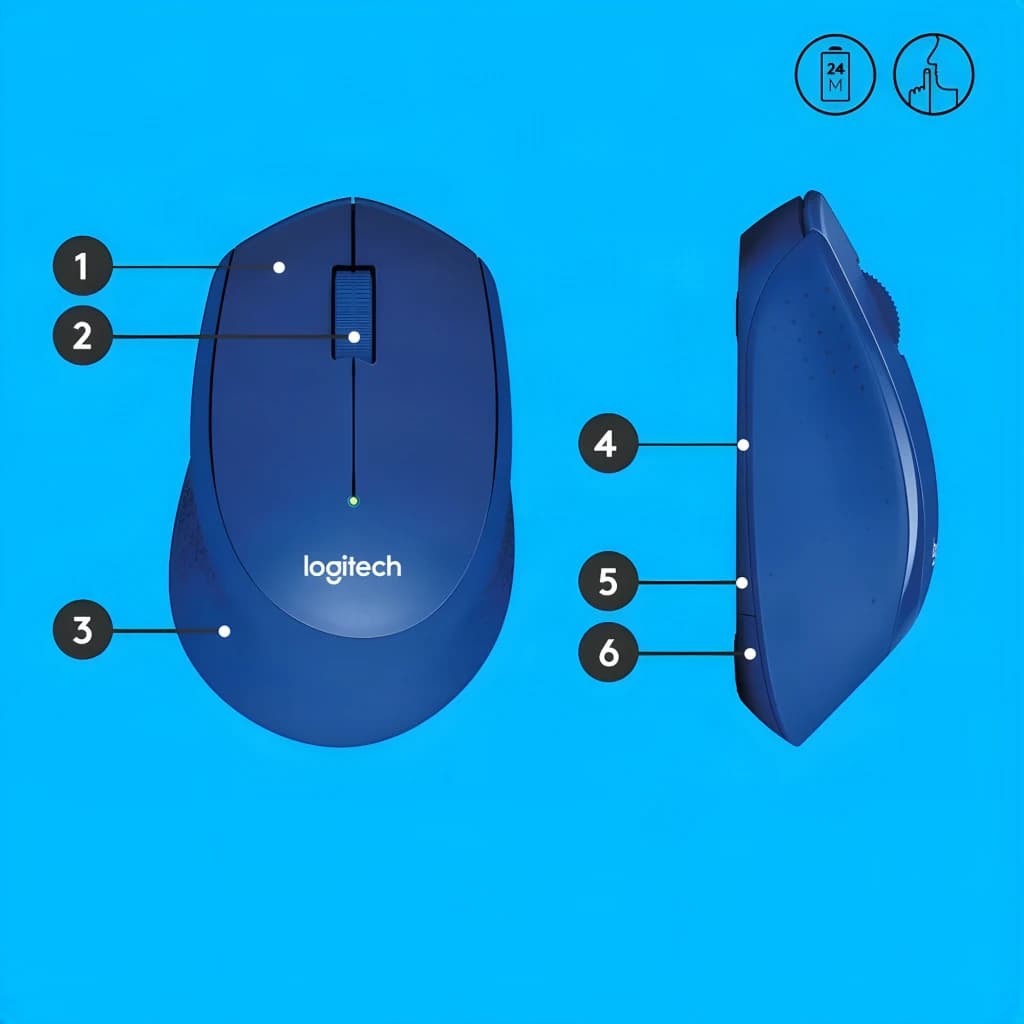 Logitech Souris M330 Silent Plus Bleu, diagramme: vues dessus et côté avec 6 composants numérotés
