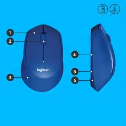 Logitech Souris M330 Silent Plus Bleu, diagramme: vues dessus et côté avec 6 composants numérotés