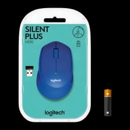 Logitech Souris M330 Silent Plus Bleu, emballage: boîte avec souris bleue, récepteur USB et pile AA inclus