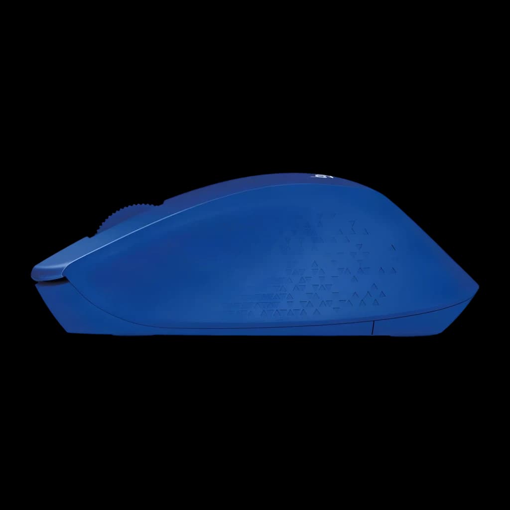 Logitech Souris M330 Silent Plus Bleu, vue latérale: profil droit avec texture triangulaire et molette de défilement