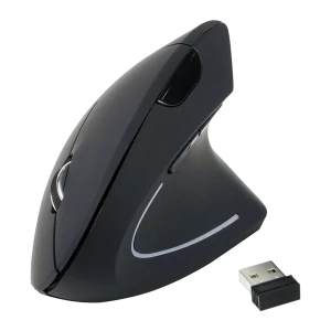 Equip 245110 ratón inalámbrico ergonómico negro, kit: ratón vertical con receptor USB nano en primer plano y franja