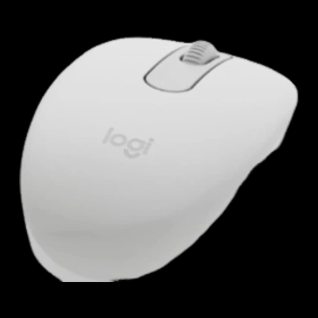 Logitech MK250 Combo QWERTY Espagnol Blanc, vue latérale souris: design arrondi blanc avec molette grise et logo logi