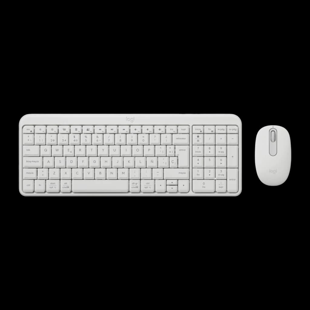 Logitech MK250 Combo QWERTY Espagnol Blanc, vue de dessus: clavier et souris sans fil sur fond noir