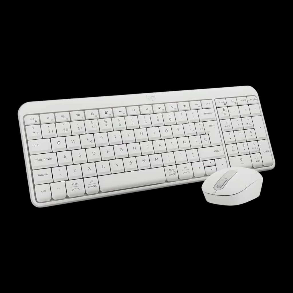 Logitech MK250 Combo Blanc, vue en angle: clavier QWERTY espagnol et souris sans fil blancs sur fond noir