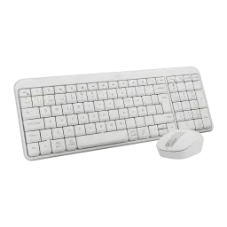 Logitech MK250 Combo Blanc, vue en angle: clavier QWERTY espagnol et souris sans fil blancs sur fond noir