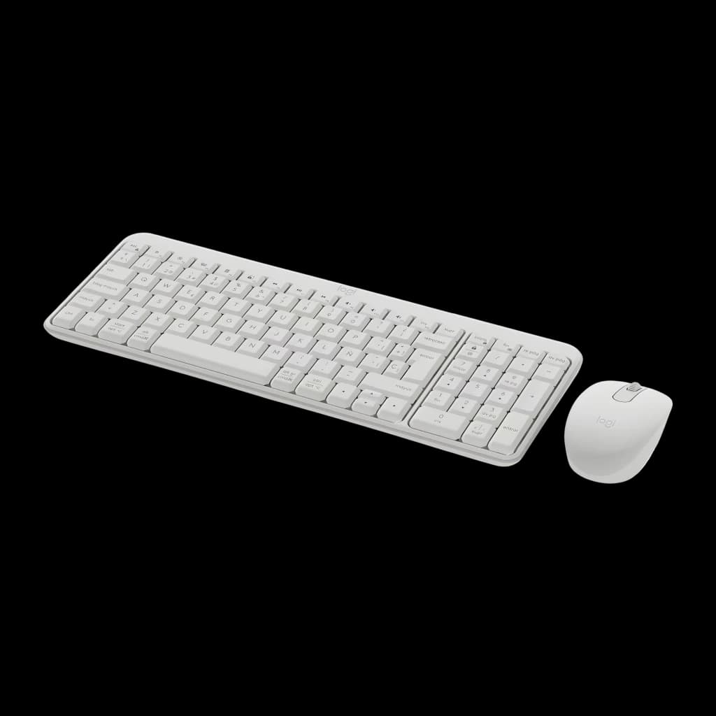 Logitech MK250 Combo QWERTY Espagnol Blanc, vue diagonale: clavier et souris blancs sur fond noir
