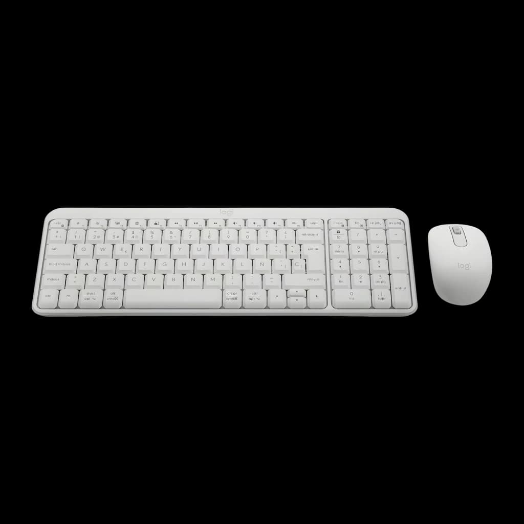 Logitech MK250 Combo Blanc, vue de dessus: clavier QWERTY espagnol et souris sans fil sur fond noir