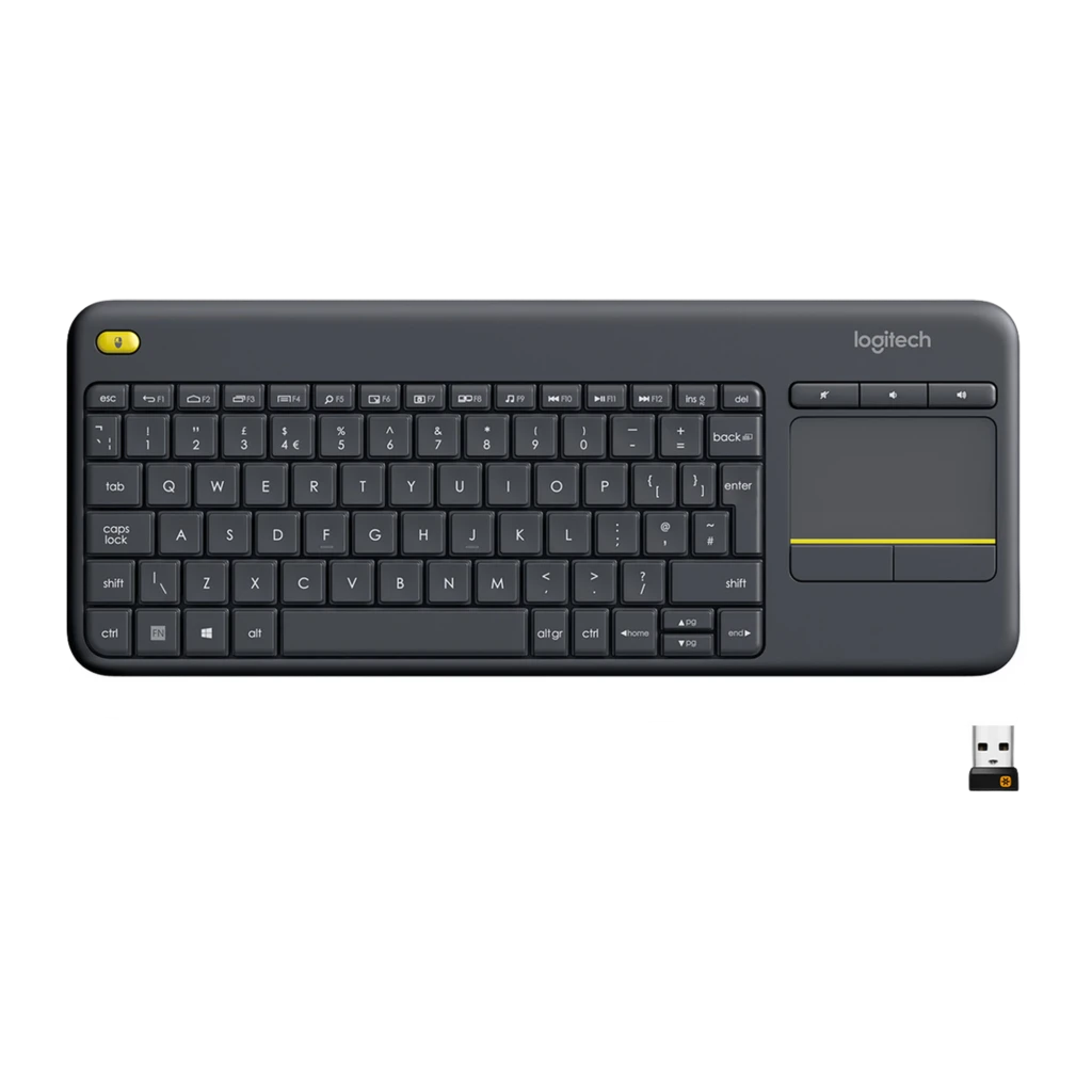 Logitech Teclado K400 Plus Wireless Touch Negro, vista superior: teclado completo con touchpad y botón amarillo - Ítem3