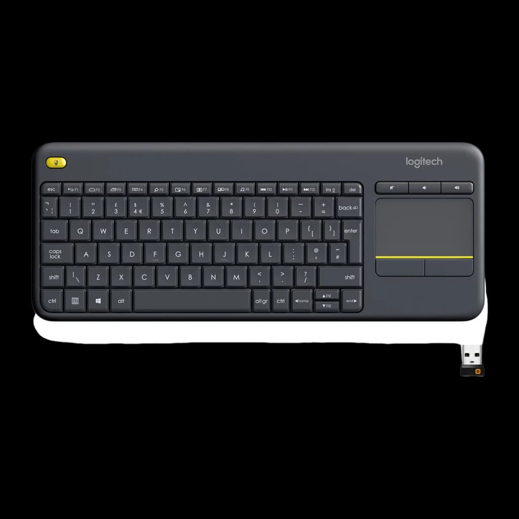 Logitech Teclado K400 Plus Wireless Touch Preto, vista superior com receptor USB: teclado e nano receptor Unifying