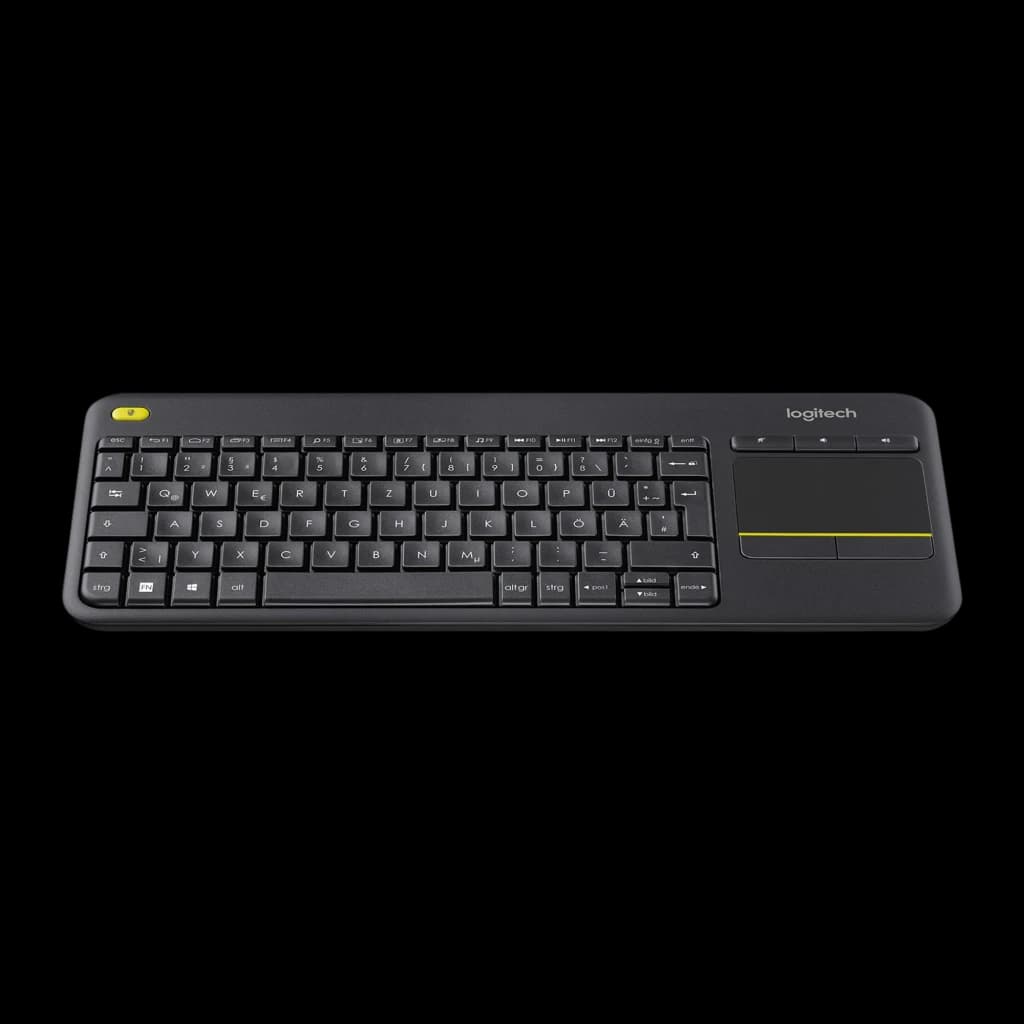 Logitech Teclado K400 Plus Wireless Touch Preto, vista superior: teclado completo com touchpad e botão amarelo à esquerda