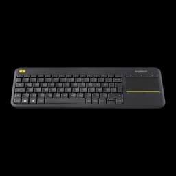 Logitech Teclado K400 Plus Wireless Touch Preto, vista superior: teclado completo com touchpad e botão amarelo à esquerda