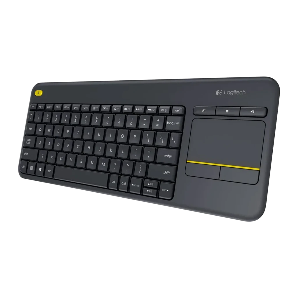 Logitech Teclado K400 Plus Wireless Touch Negro, vista superior: teclado completo con touchpad y botón amarillo - Ítem1