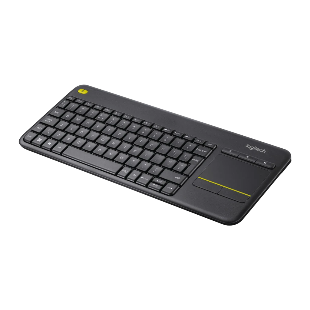 Logitech Teclado K400 Plus Wireless Touch Negro, vista superior: teclado completo con touchpad y botón amarillo - Ítem2