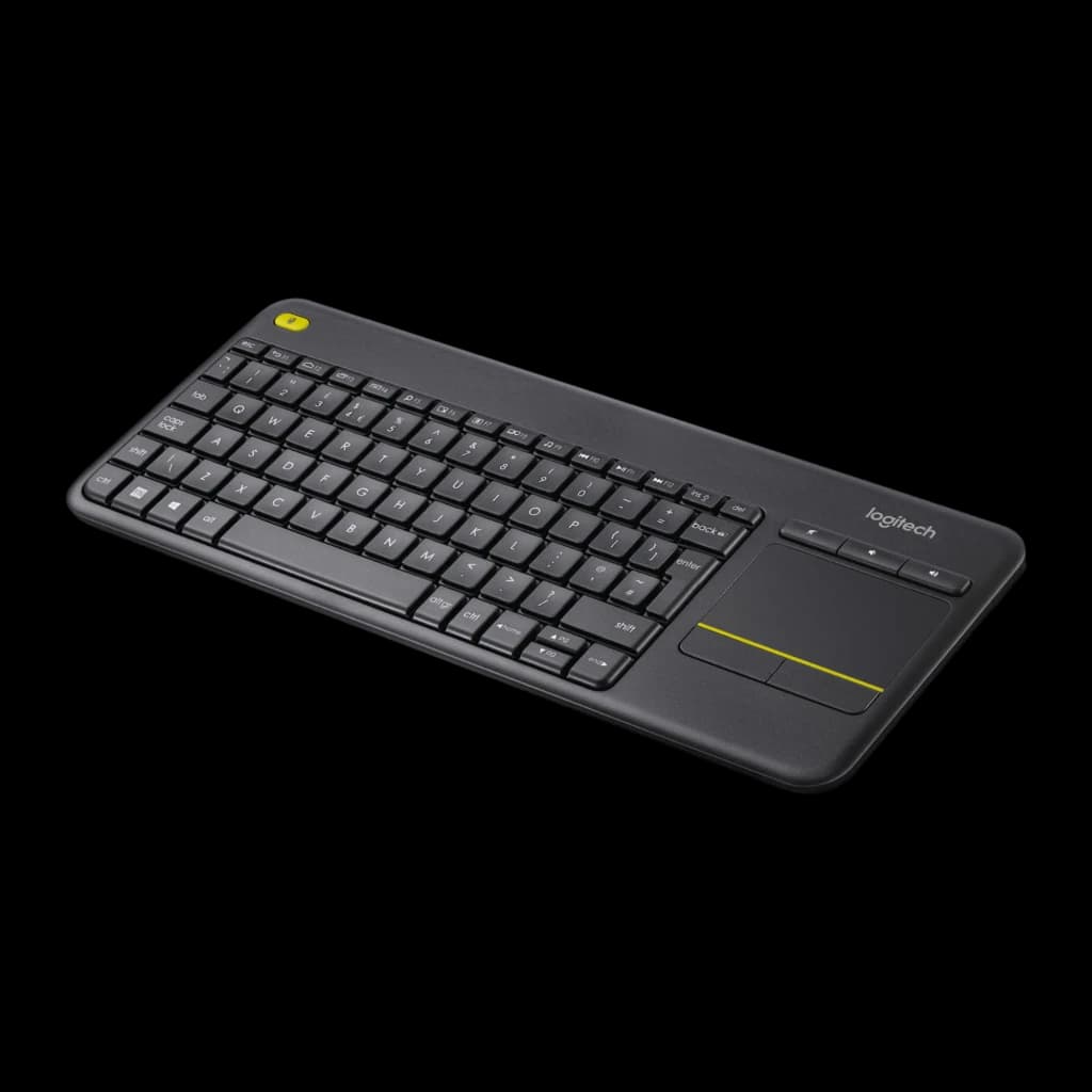 Logitech Teclado K400 Plus Wireless Touch Preto, ângulo frontal direito: disposição das teclas e touchpad com faixa amarela