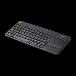 Logitech Teclado K400 Plus Wireless Touch Preto, ângulo frontal direito: disposição das teclas e touchpad com faixa amarela